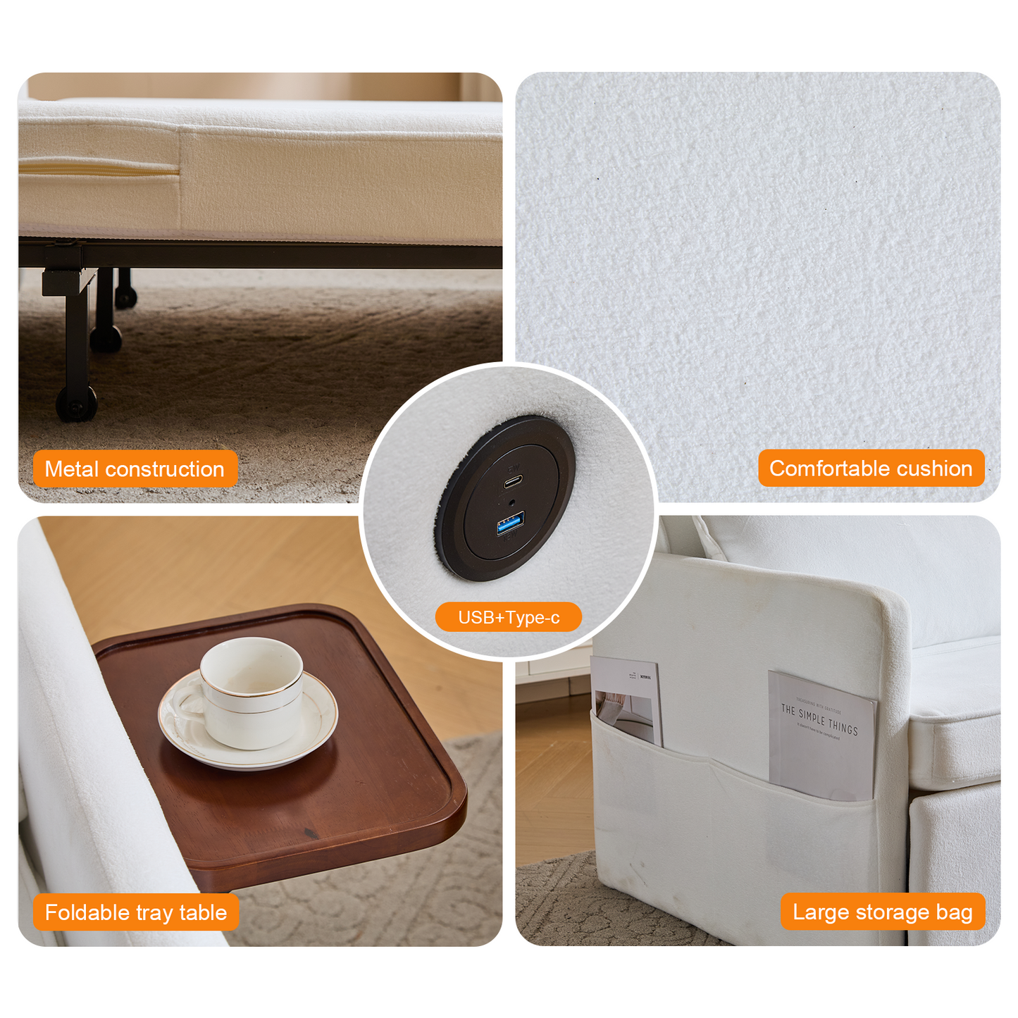 3-in-1 Sleeper Chair Bed with Tray & USB, Convertible Sofa in, White