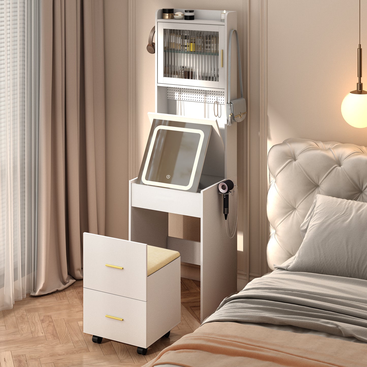 Compact Vanity Desk with Mirror, LED Lights, Charging Station & Stool, White