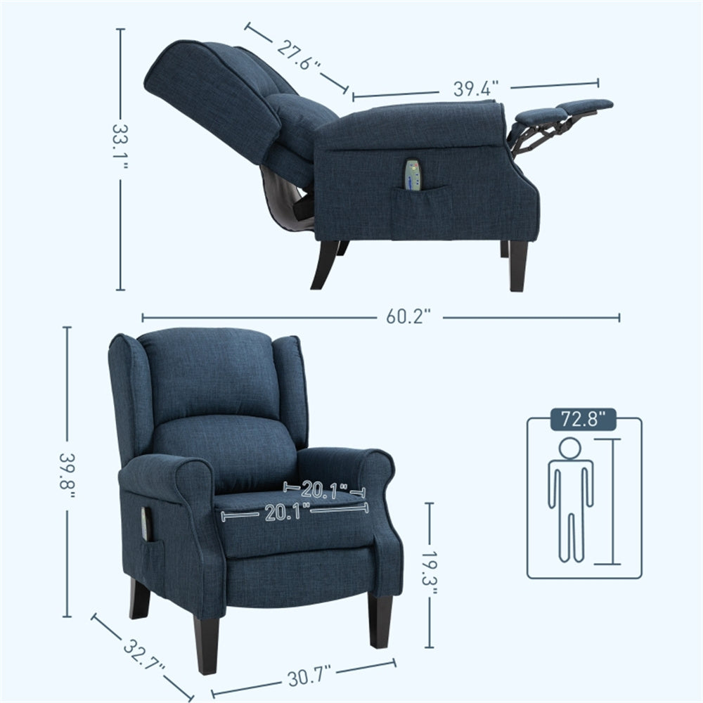 Heated Massage Recliner Chair with Lumbar Support – Manual Pushback, Blue