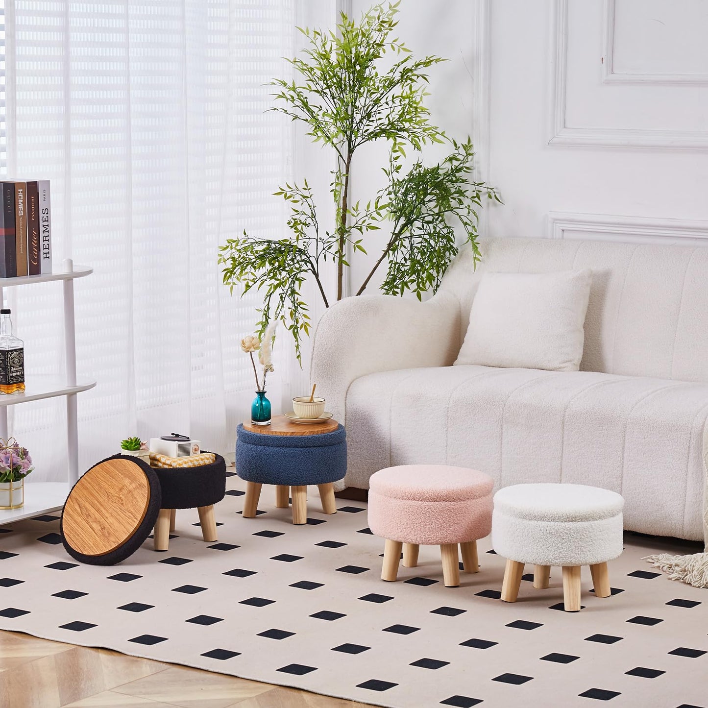 Round Storage Ottoman, Teddy Velvet Footrest with Wood Legs for Living Room, Pink