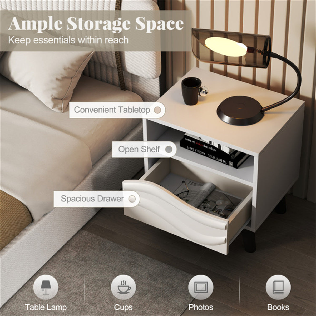 White Nightstand with Drawer & Open Shelf – Modern Compact Bedside Table