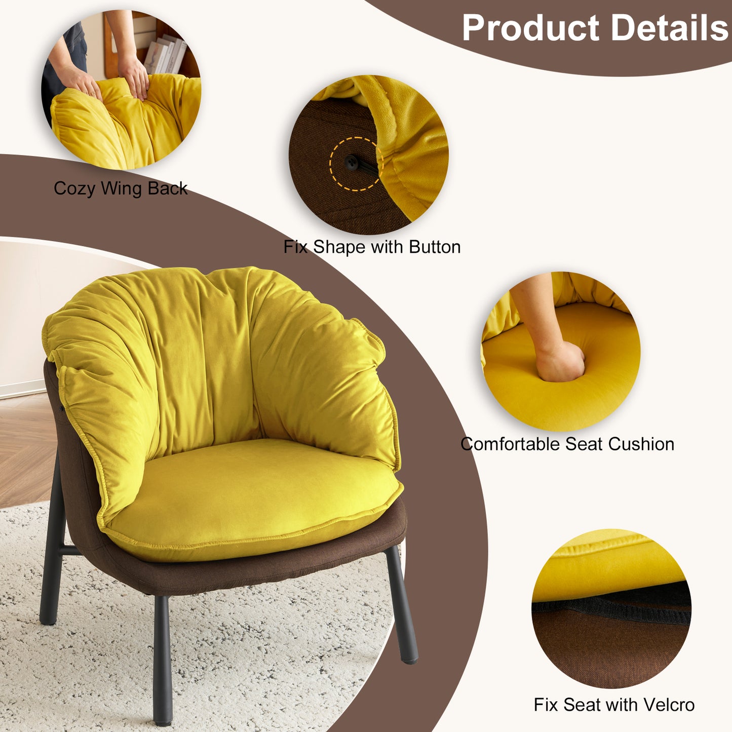 Modern Velvet Barrel Accent Chair with Metal Legs – Yellow Armchair
