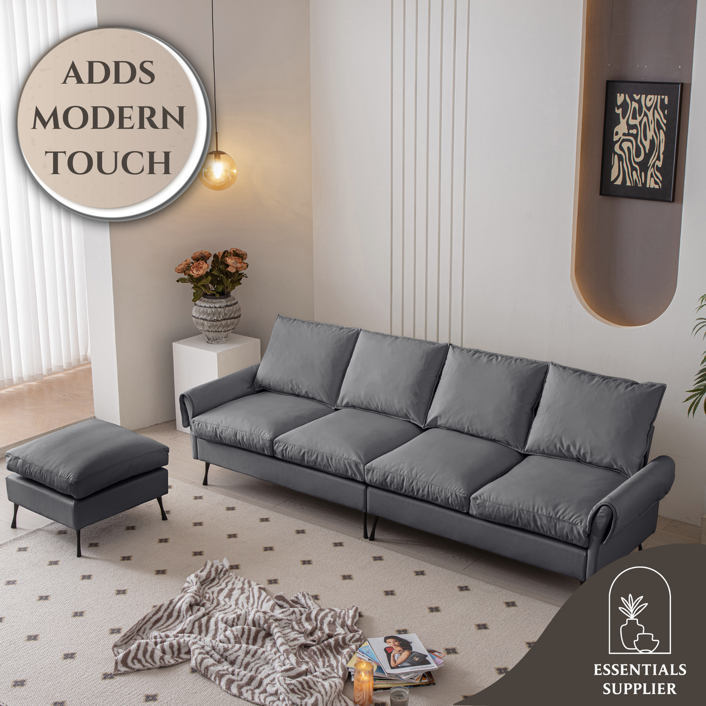 104.5" Modern L-Shaped Tech Leather Sofa with Convertible Ottoman