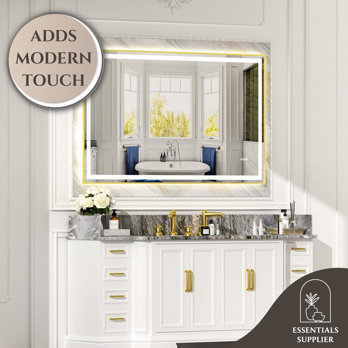 60x36" Gold Framed LED Mirror with Dual Front & Back Light Strips