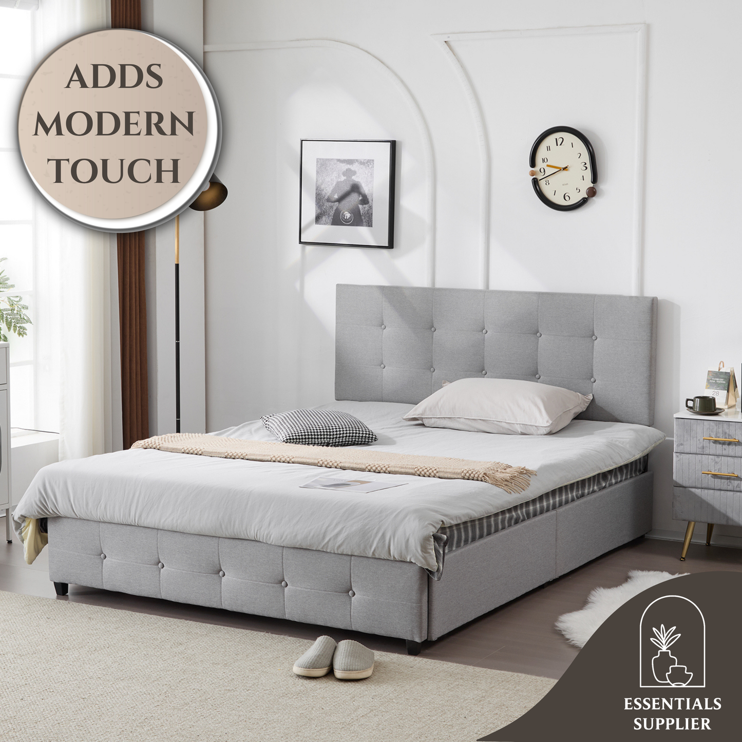 Queen Upholstered Platform Bed with 4 Drawers & Adjustable Tufted Headboard