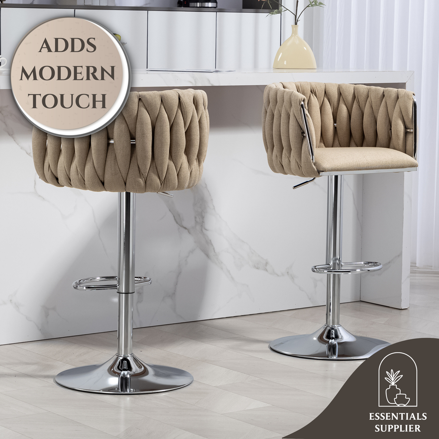 Set of 2 360° Swivel Fabric Bar Stools with Woven Back, Adjustable Height, Beige