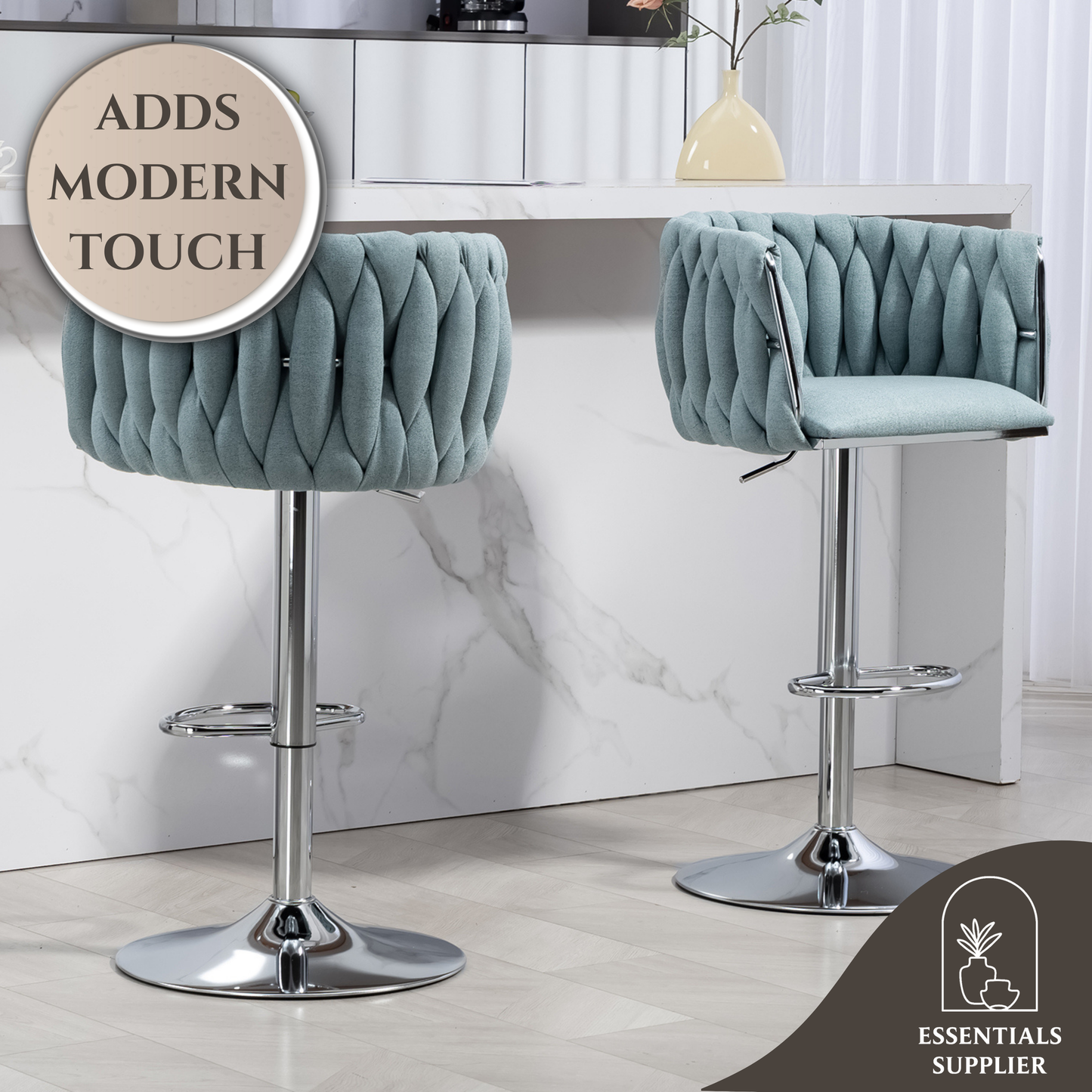 Set of 2 360° Swivel Fabric Bar Stools with Woven Back, Adjustable Height, Blue