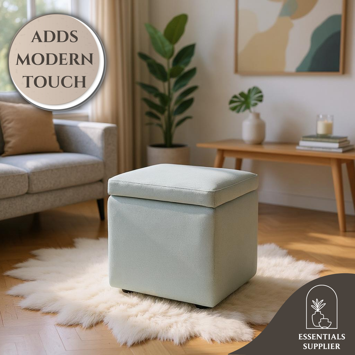 Gray Linen Storage Ottoman with Hidden Compartment – 16.5” Cube Seat