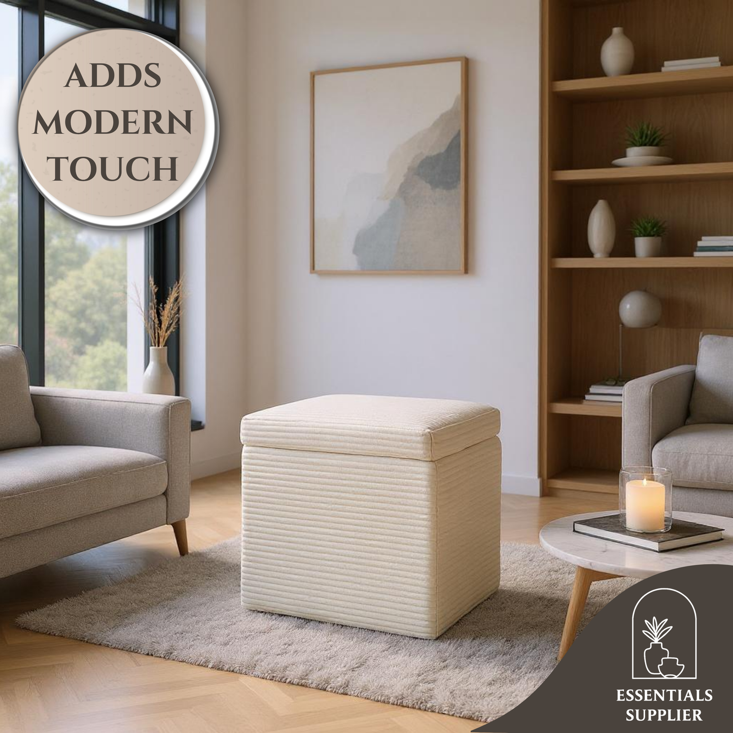 Beige Corduroy Storage Ottoman with Hidden Compartment – 16.5” Cube Seat