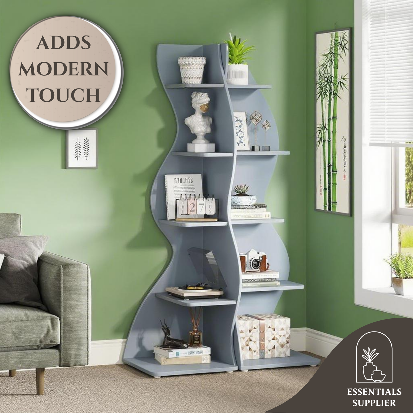 Bookcase Wavy 5-Tier Blue Corner Bookshelf – Modern Sculpted Storage Rack
