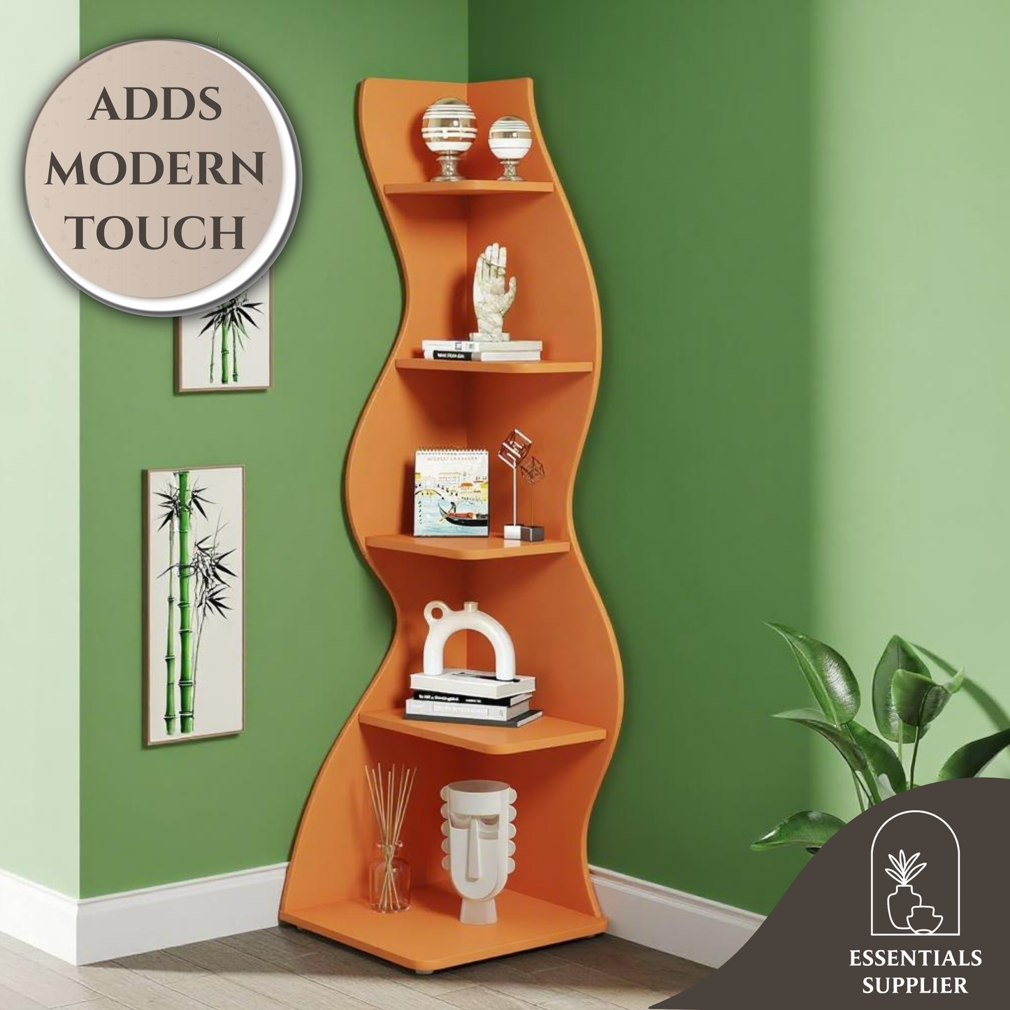 Bookcase Wavy 5-Tier Orange Corner Bookshelf – Modern Sculpted Storage Rack