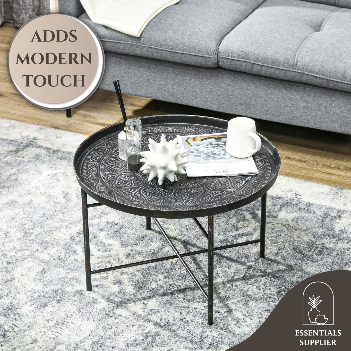 Round Hammered Pewter Metal Coffee Table – 24” Decorative Accent Table
