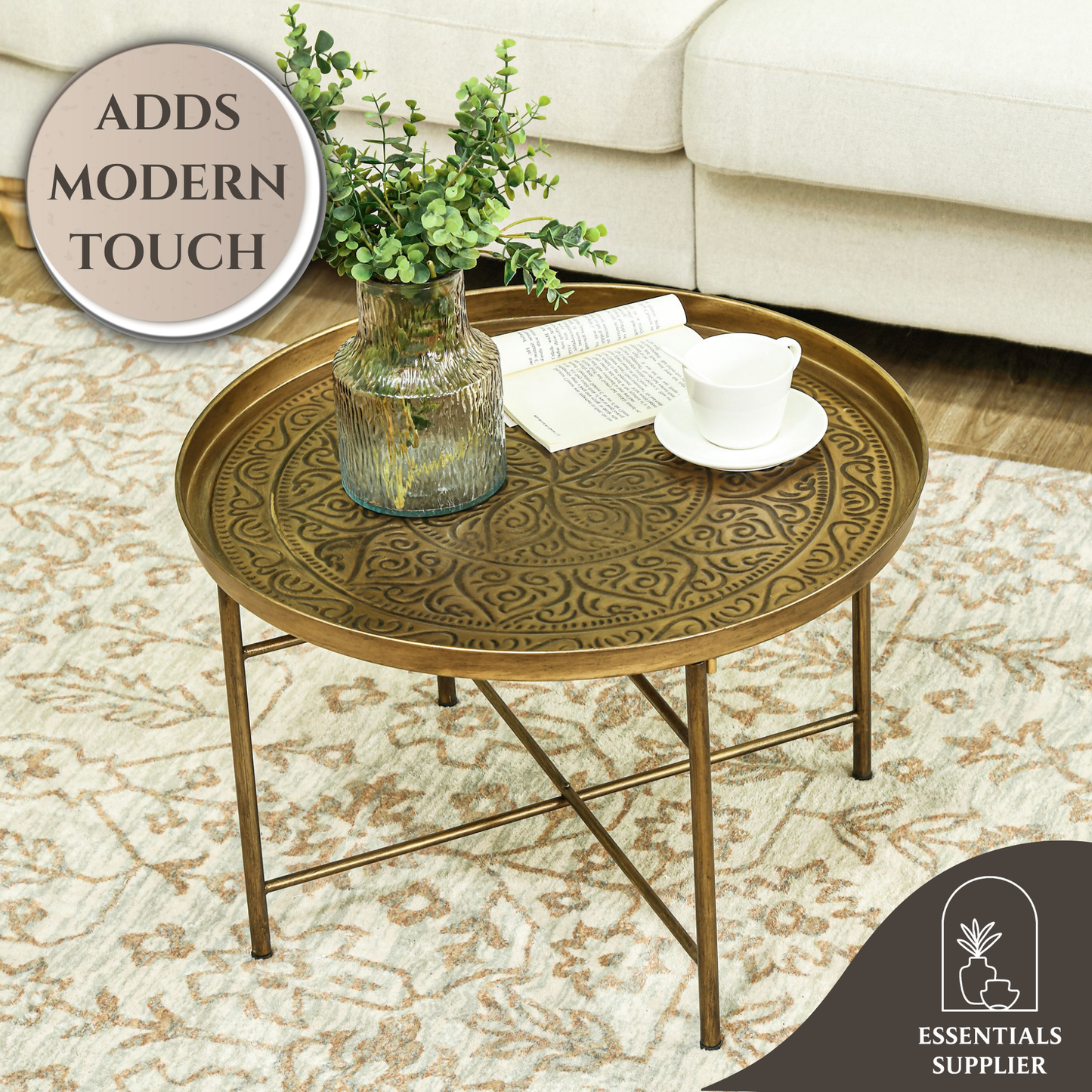 Round Hammered Gold Metal Coffee Table – 24” Sculpted Accent Table