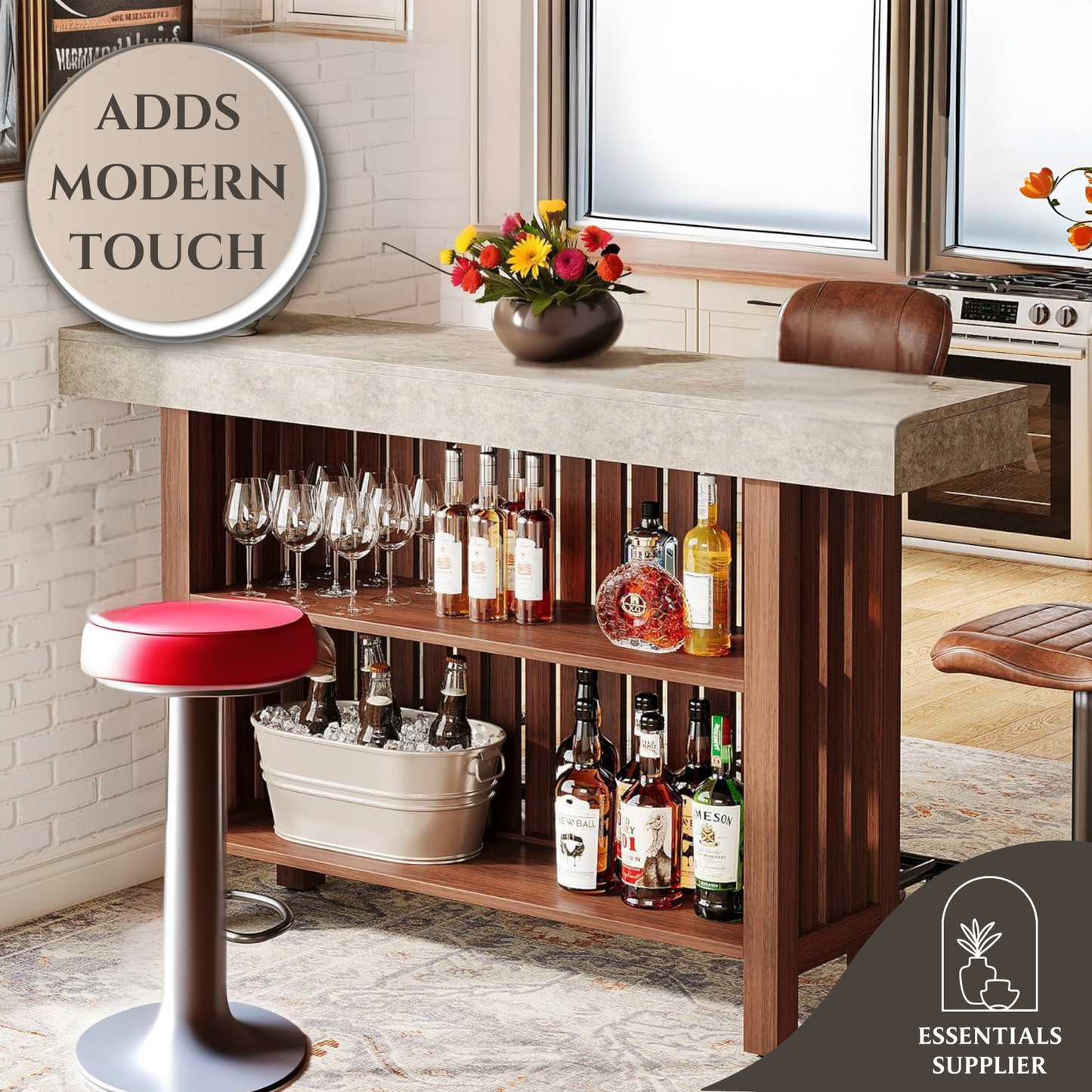 63" Brown Modern Bar Table with 2-Tier Storage, Footrest & Cement Texture Finish