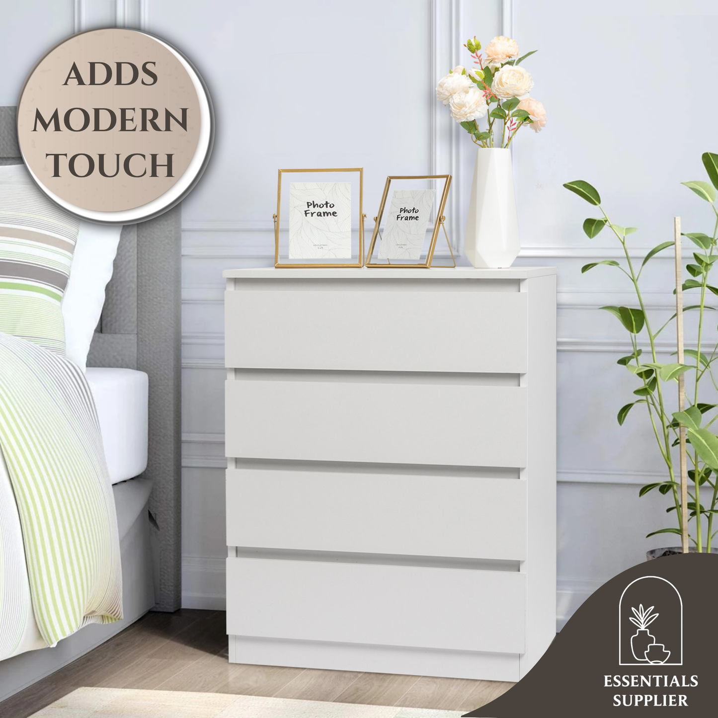 White Wood 4-Drawer Dresser – Compact Storage Cabinet for Bedroom or Living Room