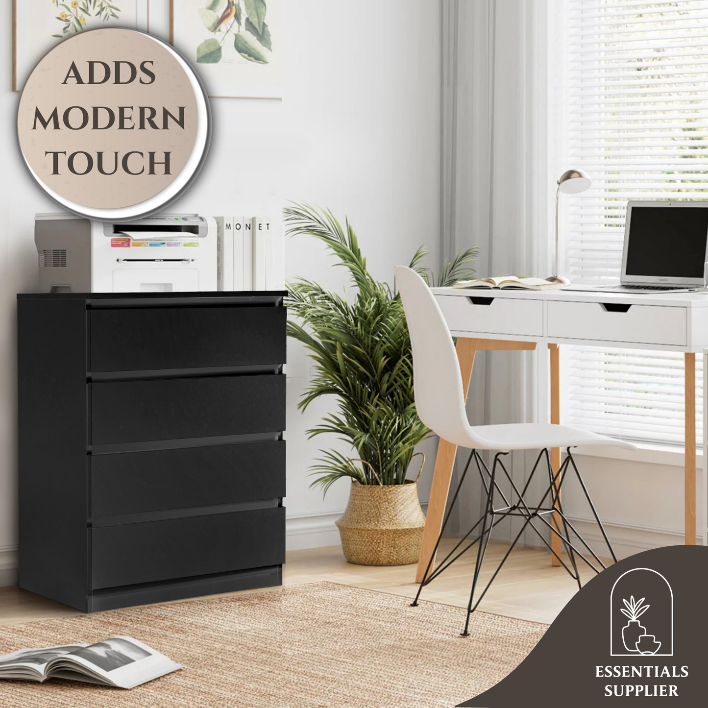 Black Wood 4-Drawer Dresser – Modern Storage Cabinet