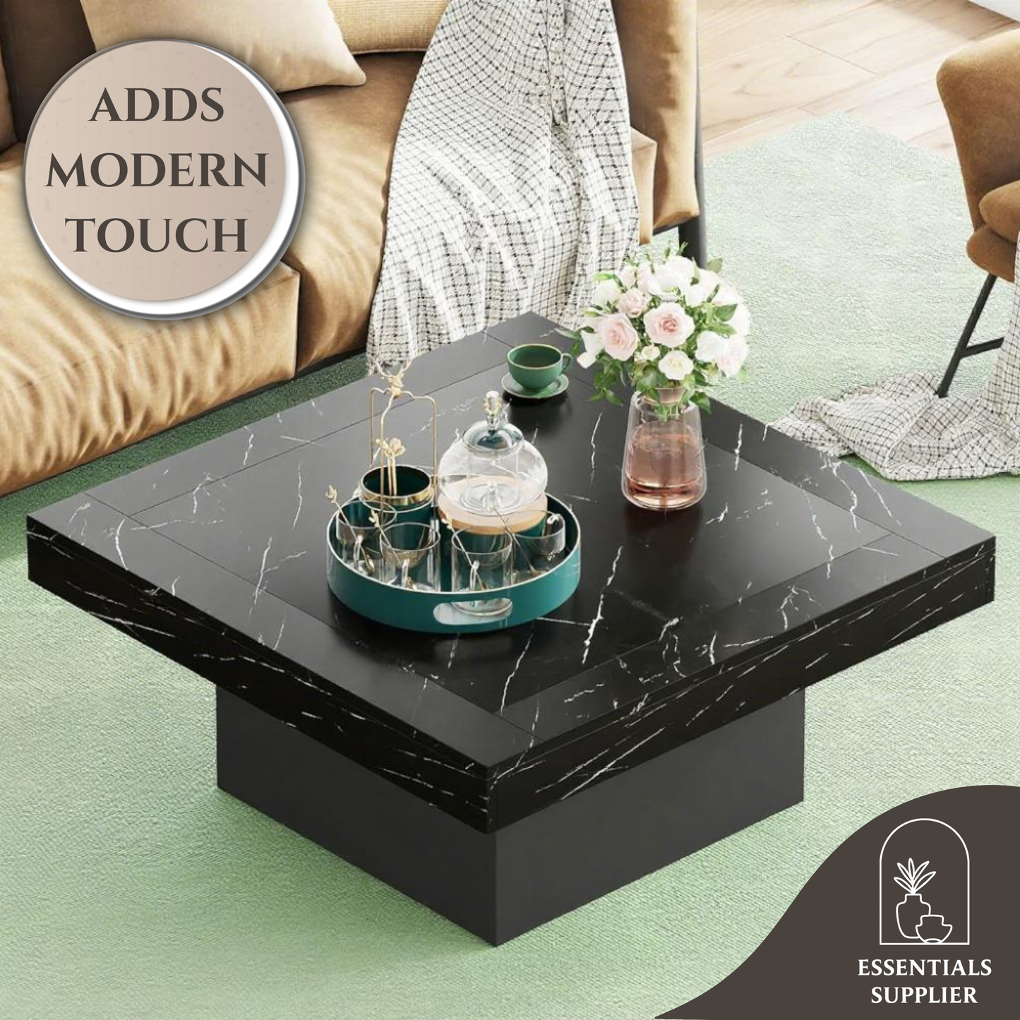 Rustic LED Coffee Table with Square Top & Modern Base – 35” Wood Accent