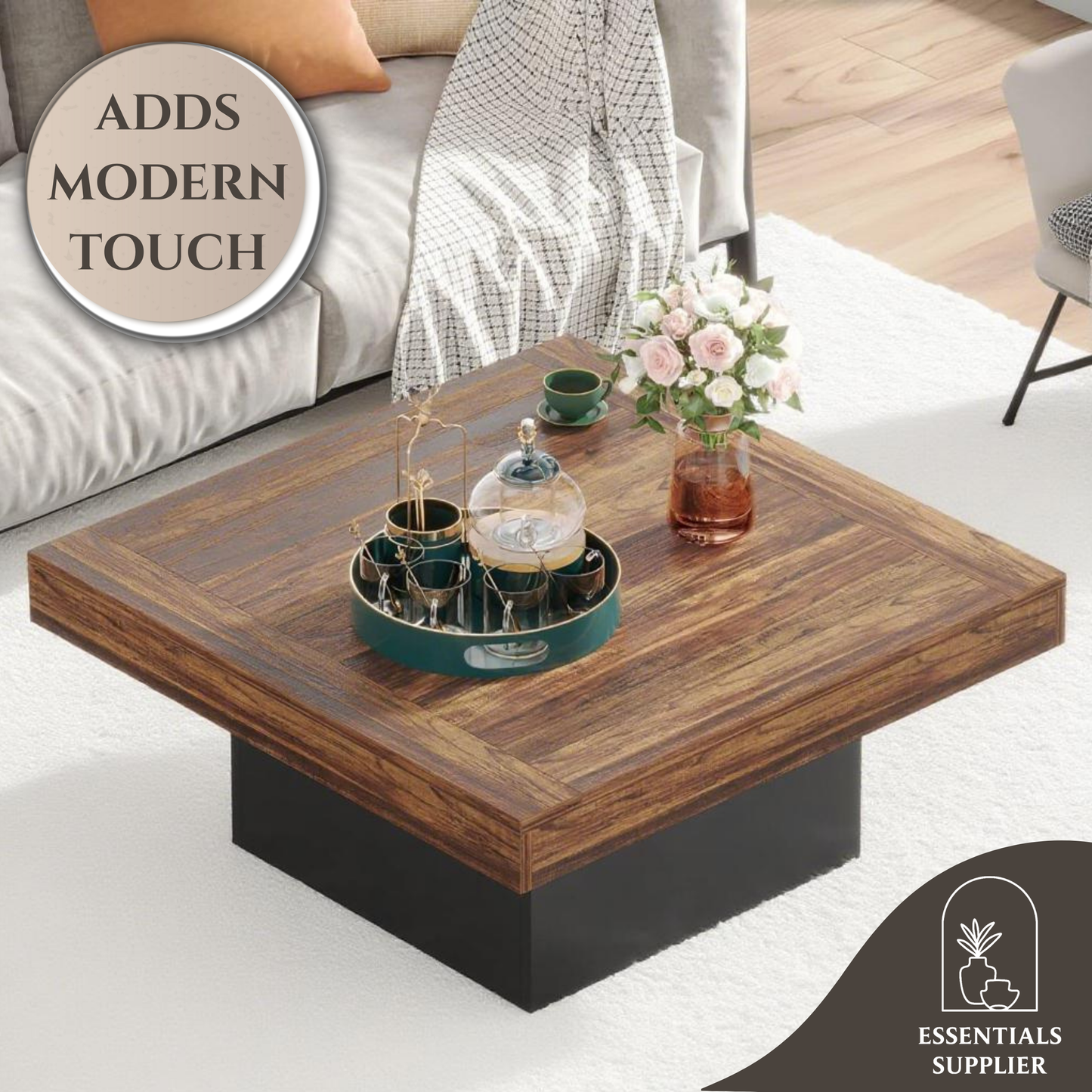 Rustic Brown LED Coffee Table with Black Base – 35” Square Modern Farmhouse Design