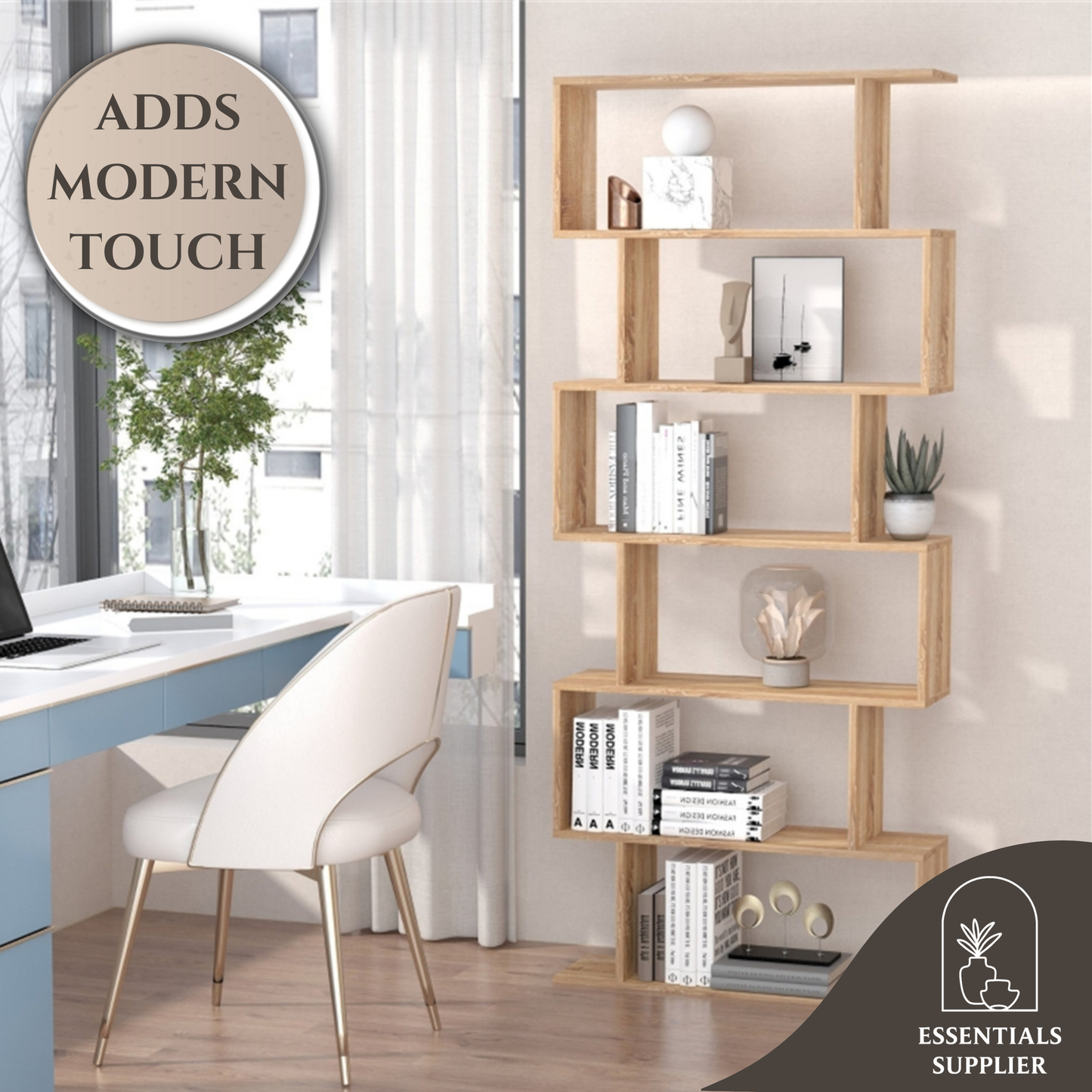 S-Shaped 6-Tier Oak Bookcase | Modern Display & Storage Shelf Cabinet