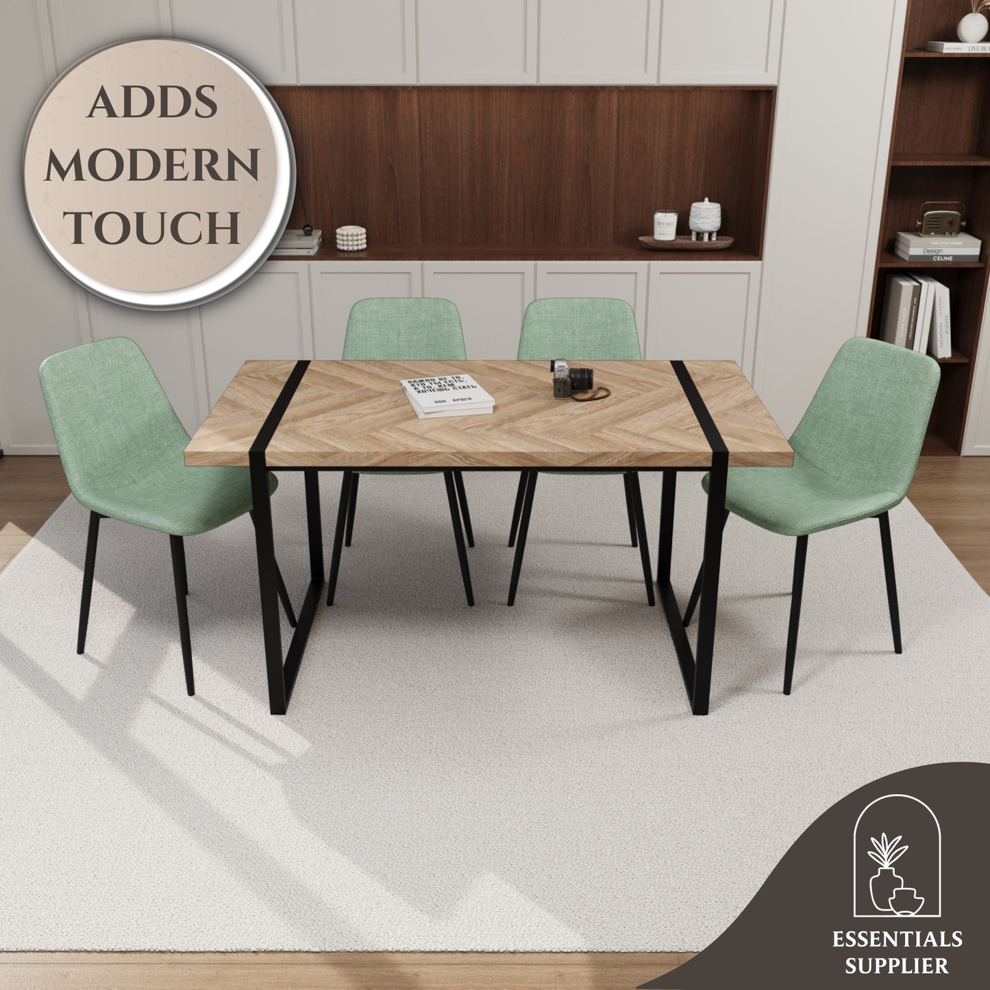 59" Light Wood Dining Table Set w/ 4 Suede Chairs – Modern & Cozy Style