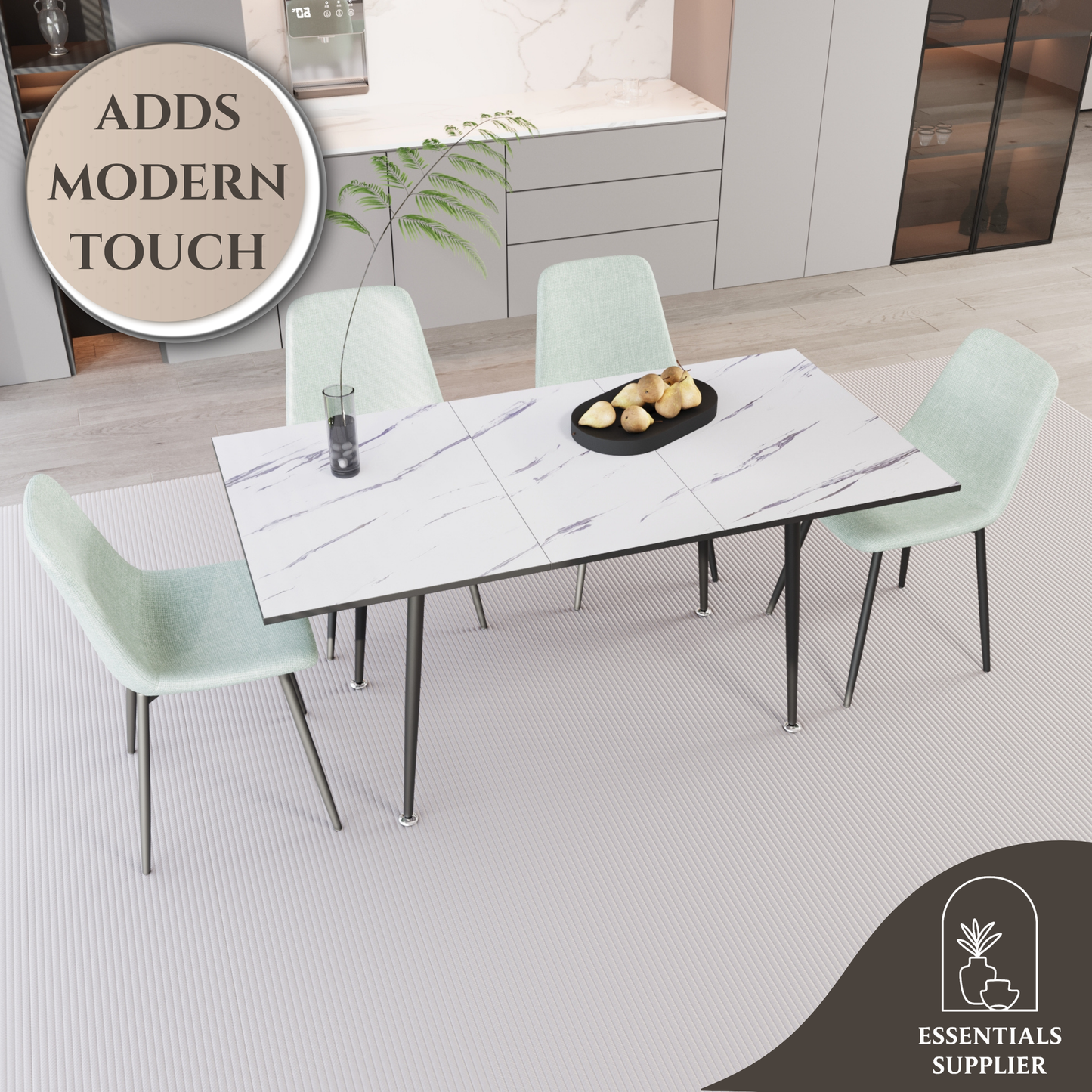 Extendable White Dining Table Set with 4 Green Chairs – Seats 2–6