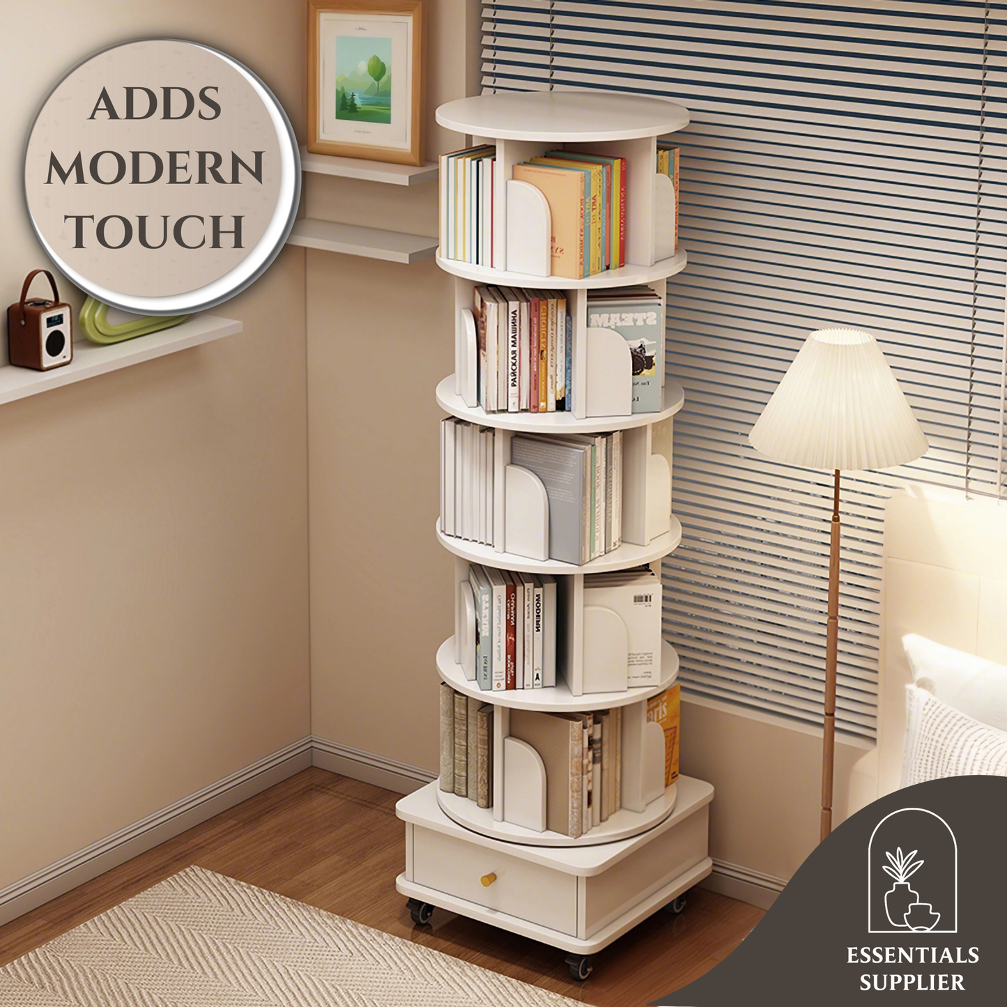 6-Tier 360° Rotating Bookshelf with Wheels & Drawer, Space-Saving Warm White