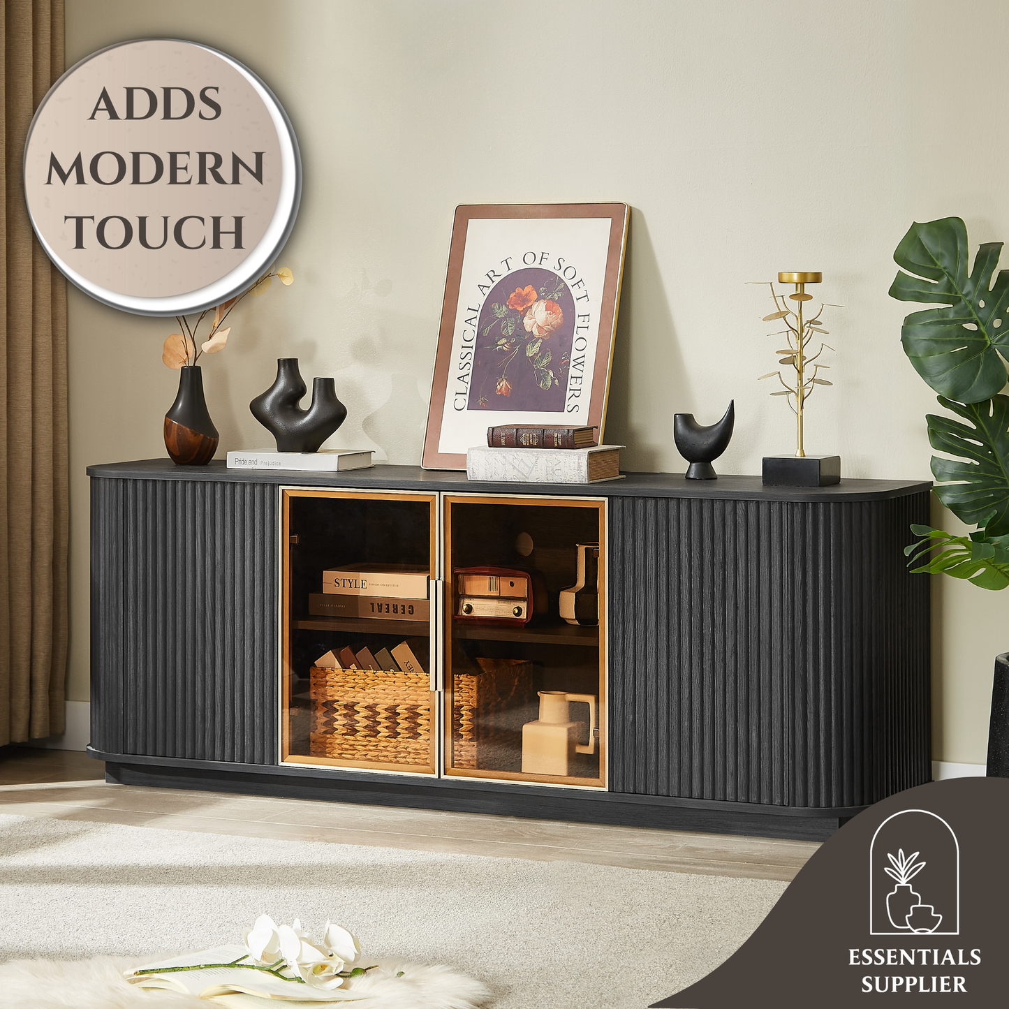 64" Wavy Black TV Cabinet with LED, Glass Doors & Storage for Living Room