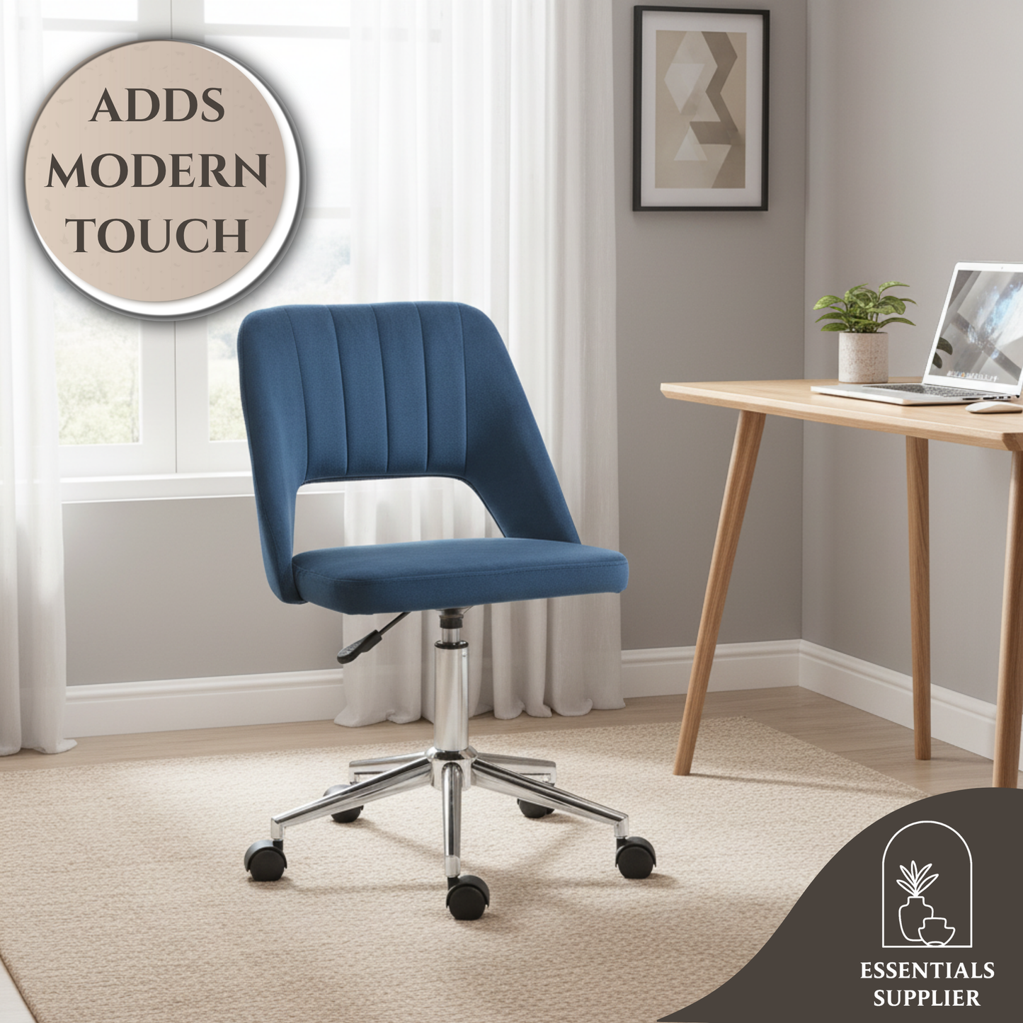 Modern Blue Velvet Office Chair – Adjustable Height, Swivel Base & Scallop Backrest