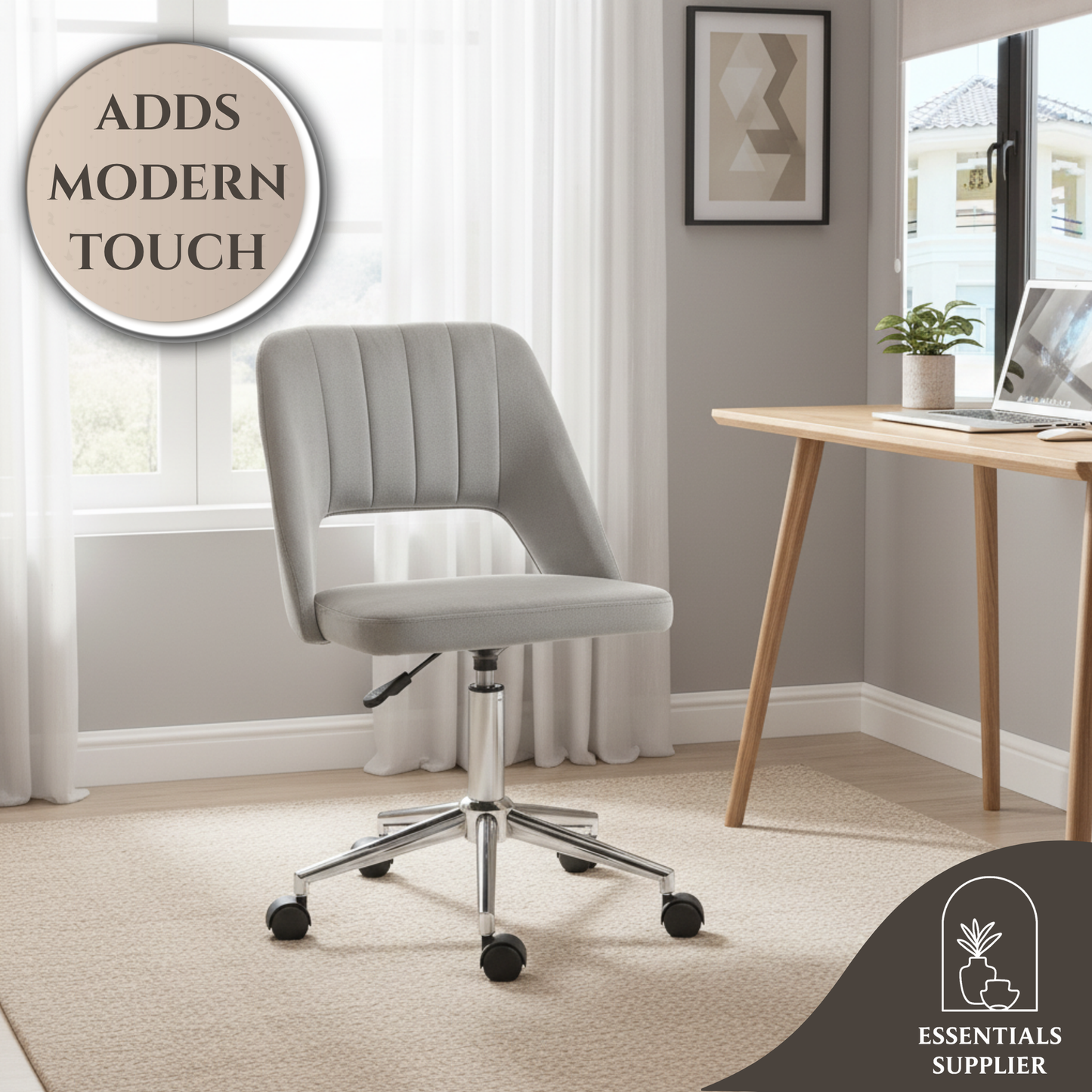 Modern Grey Velvet Office Chair – Adjustable Height, Swivel Base & Scallop Backrest