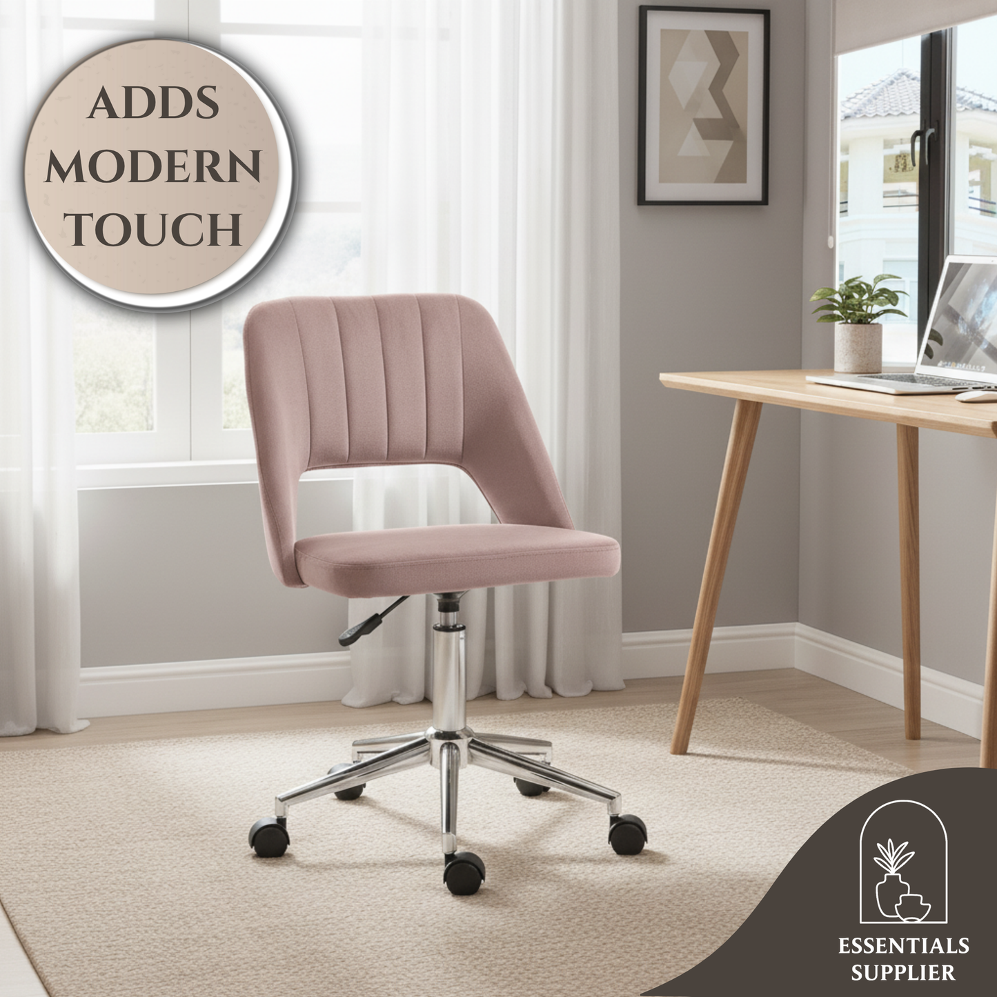 Modern Pink Velvet Office Chair – Adjustable Height, Swivel Base & Scallop Backrest