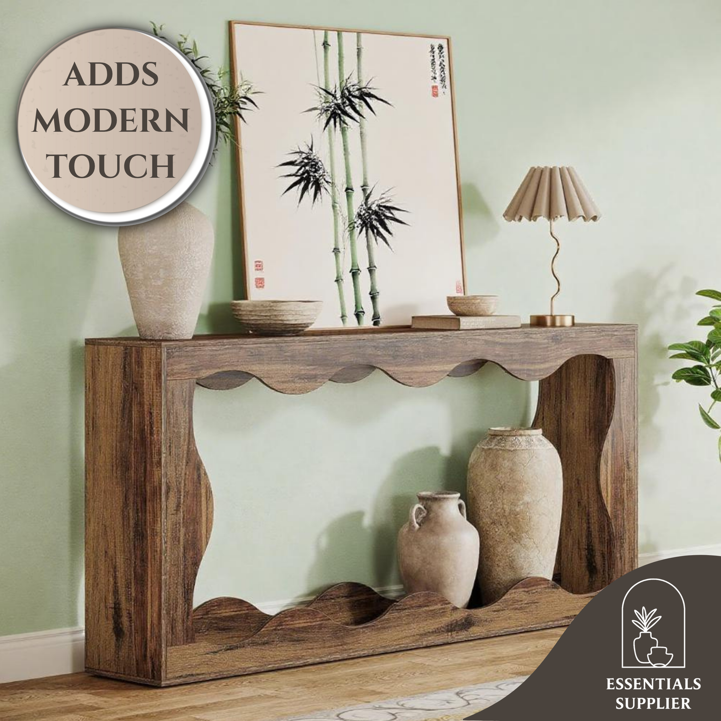 63" Farmhouse Wavy Scalloped Console Table – 2-Tier Entryway & Sofa Table