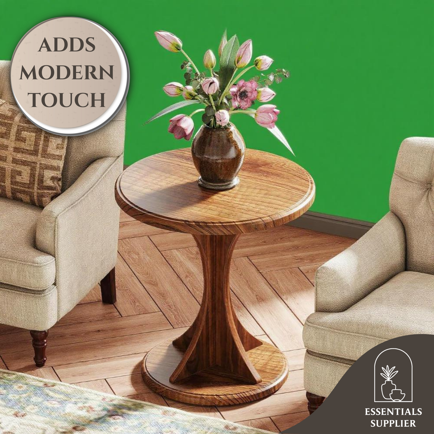 Rustic Round Wood Coffee Table with Hourglass Pedestal – Compact Vintage End Table