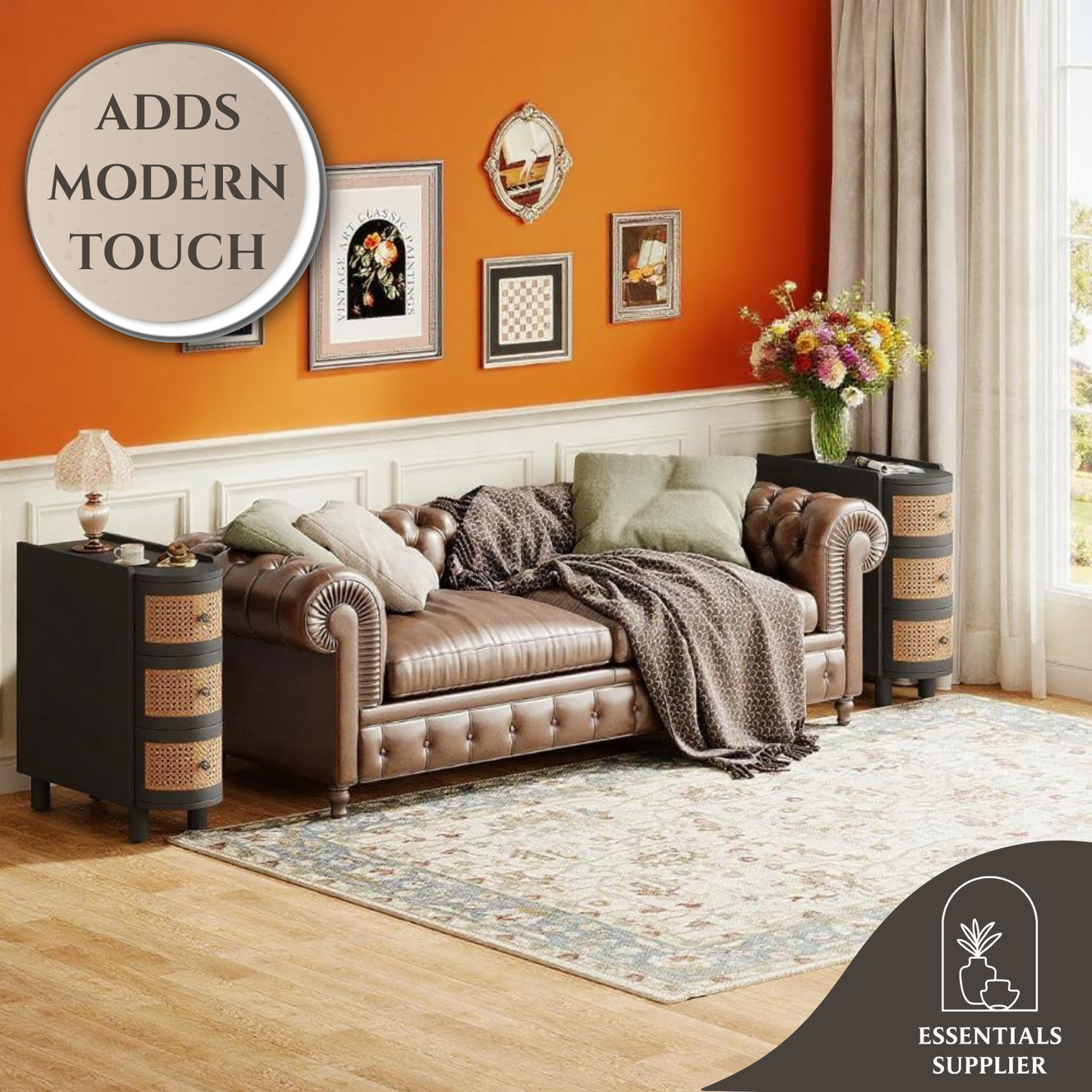 Rattan 3-Drawer Coffee Table with Vintage Metal Handles – Rustic Storage End Table