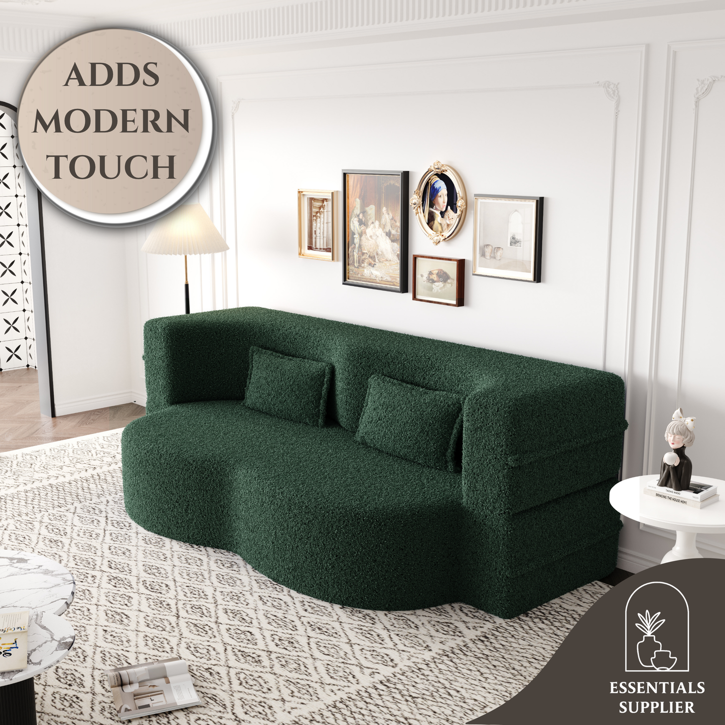 Green Teddy Fabric Convertible Floor Sofa Bed with 2 Pillows, Full Size 78"