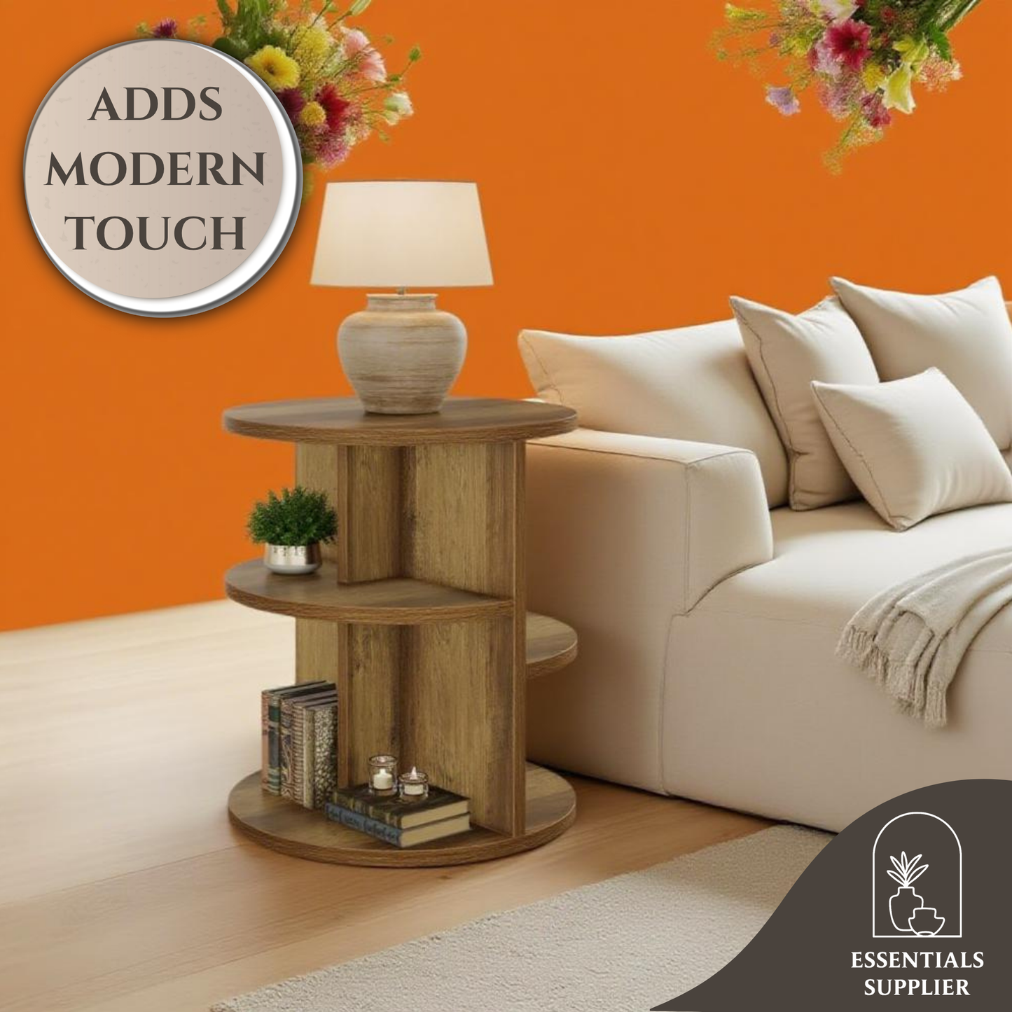 Farmhouse Round Coffee Table with 3-Tier Storage – Rustic Brown Sofa Side Table