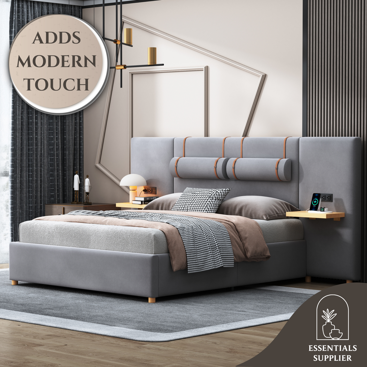 Queen Upholstered Platform Bed with USB Ports, Pillows & Storage Shelves – Gray