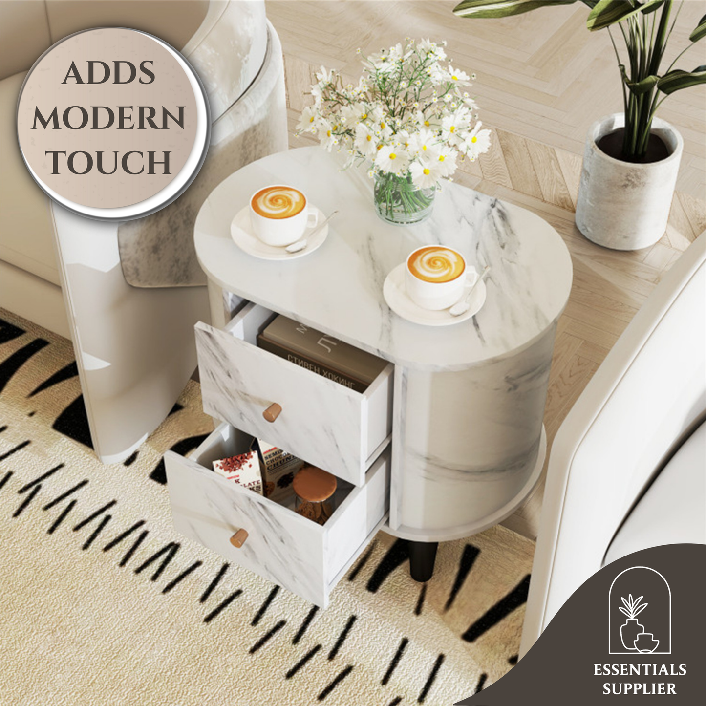 White Nightstand with Faux Marble Top & 2 Drawers – Modern Bedroom Side Table