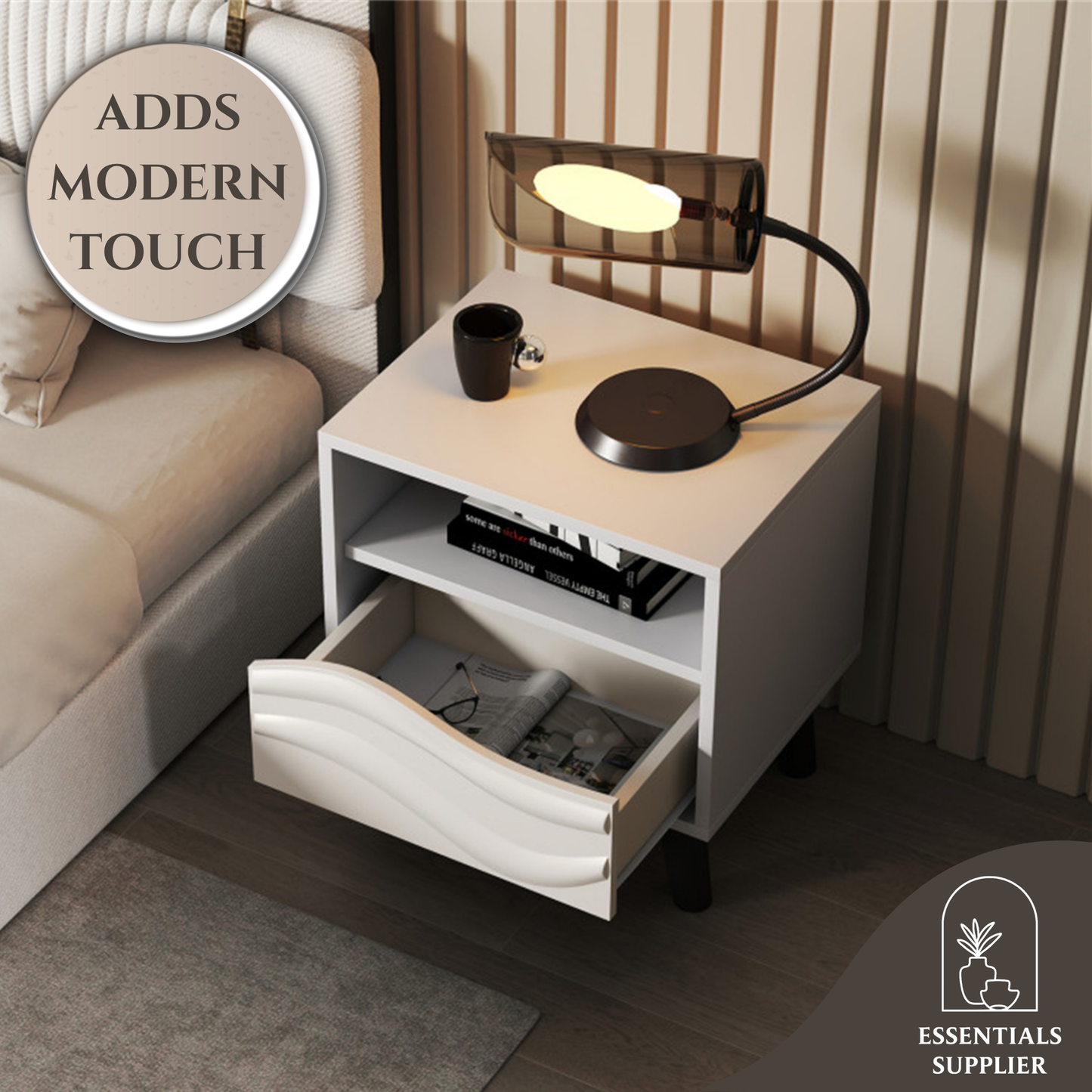 White Nightstand with Drawer & Open Shelf – Modern Compact Bedside Table