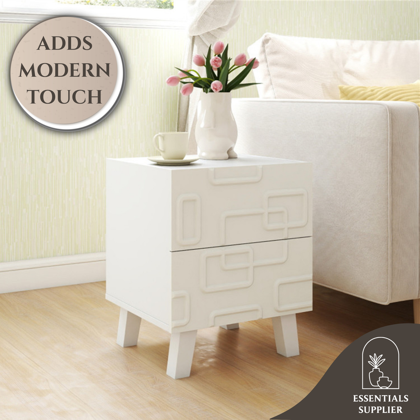 White Modern Nightstand with 2 Drawers – Geometric 3D Pattern Bedside Side Table