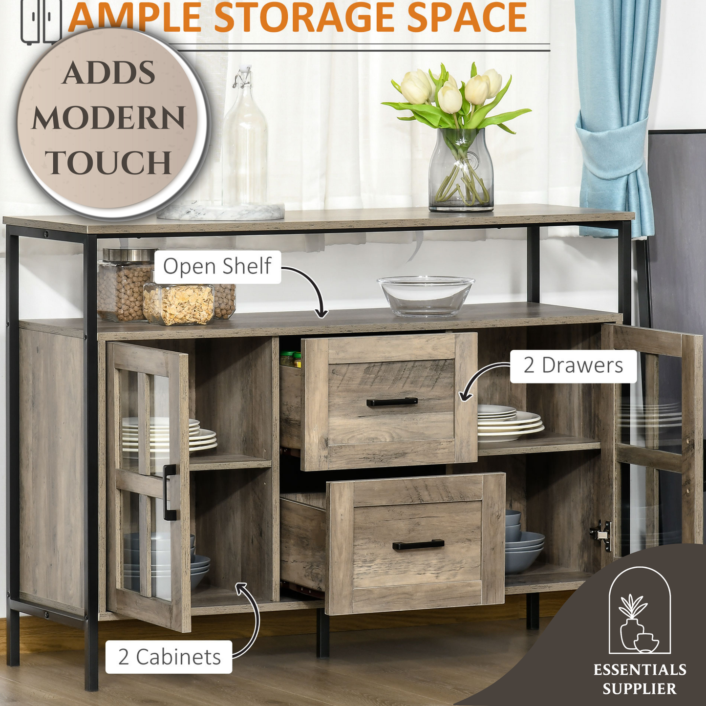 47" Industrial Gray Sideboard with Cabinets, Drawers & Open Shelf Storage