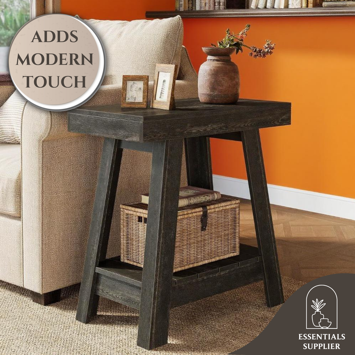 Rustic Grey Farmhouse End Table with 2 Open Shelves – Compact Side Storage