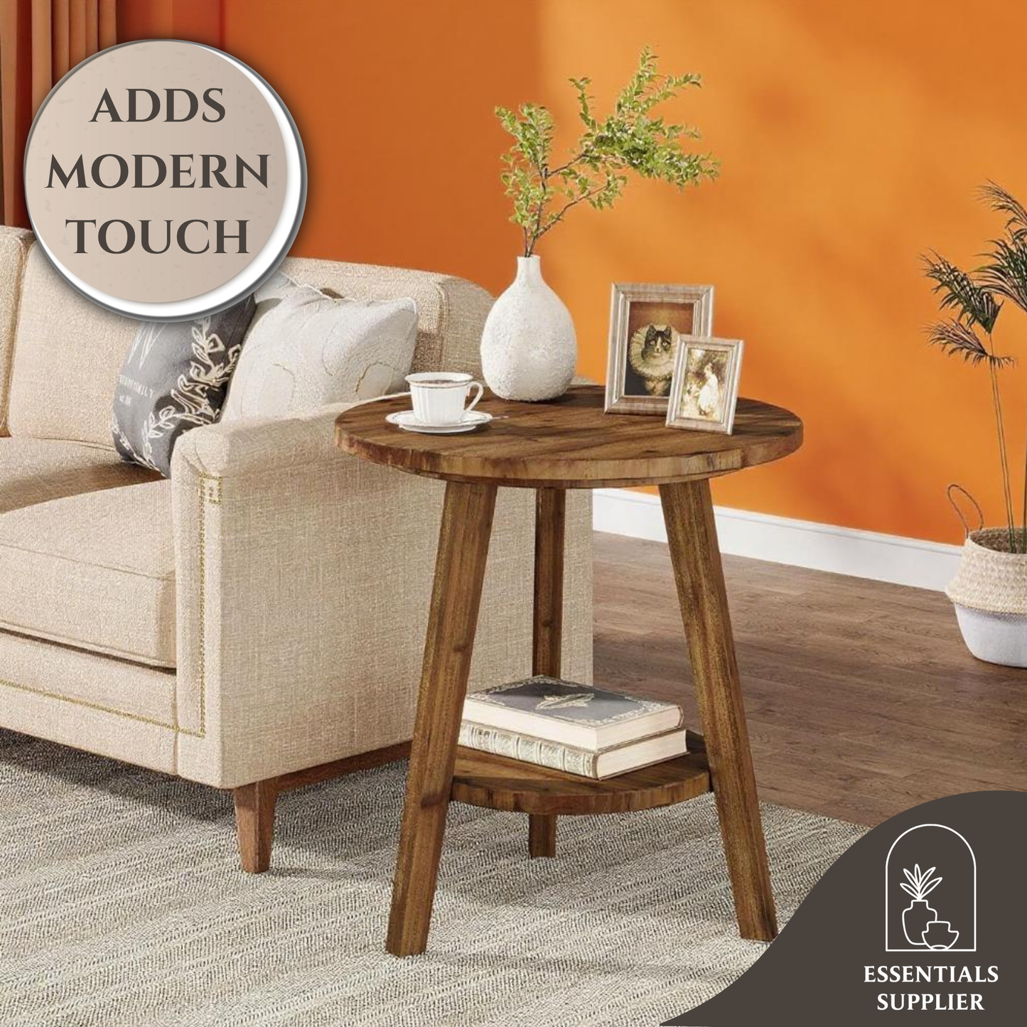 Rustic Solid Wood Round Side Table with Shelf – Natural Fir Coffee End Table