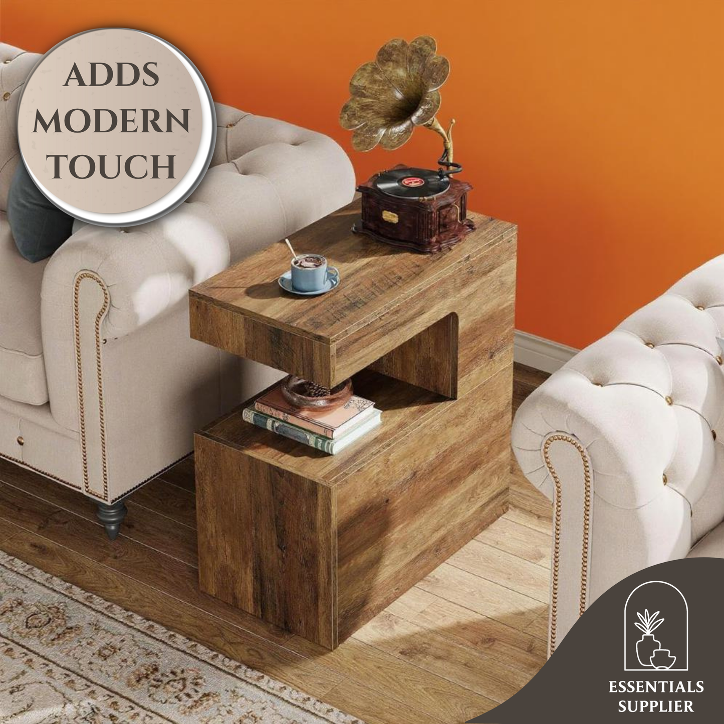 C-Shaped End Table with Shelf – Rustic Side Coffee Table for Couch, Bed & Living Room