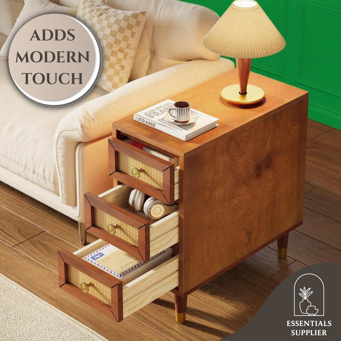 Solid Wood Coffee Table with 3 Rattan Drawers – Rustic Boho Accent End Table