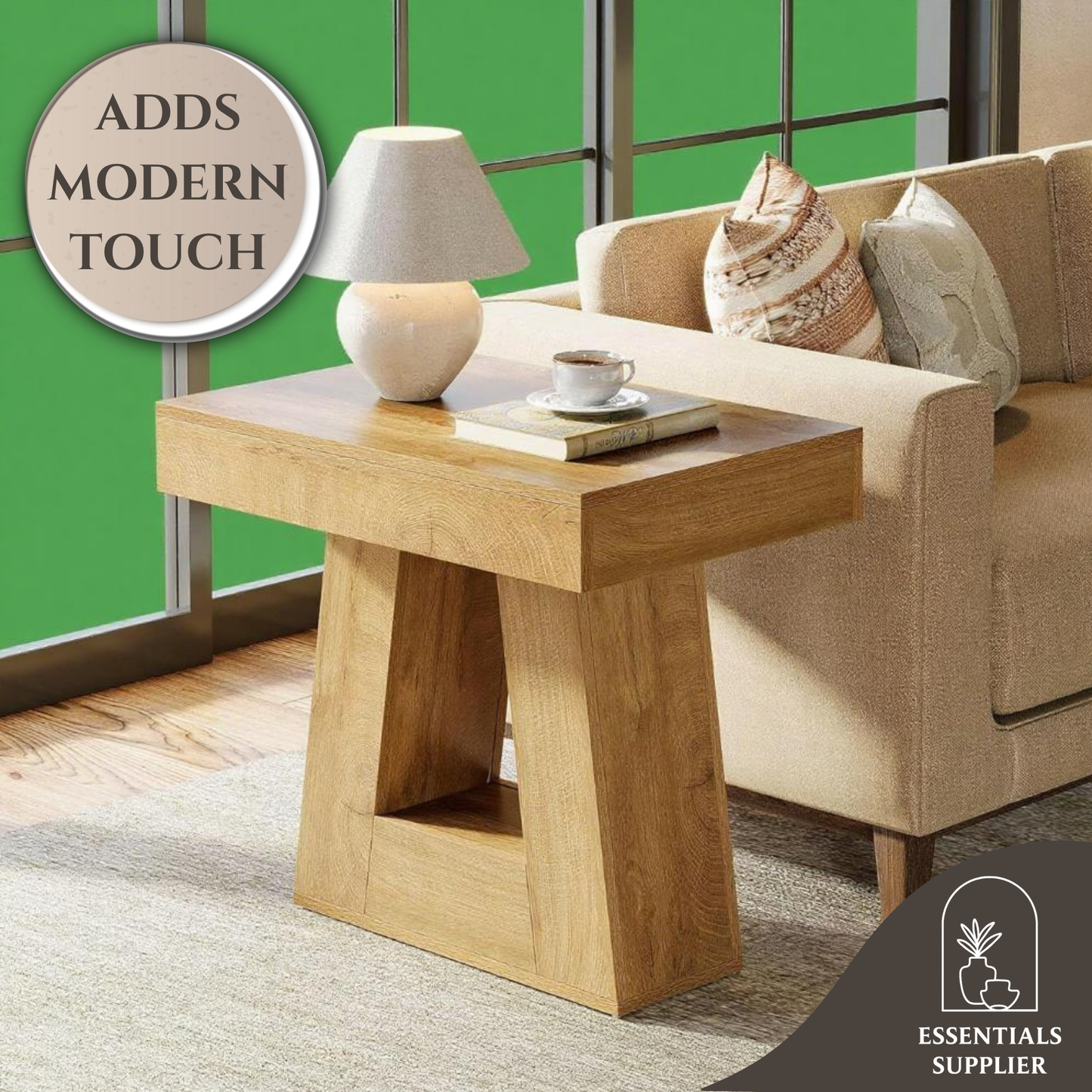 Modern Contemporary Coffee Table with Trapezoidal Base – Wood Grain Side Table