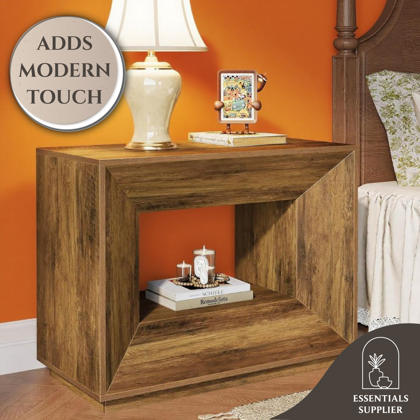 Mid-Century Rustic Coffee Table with 2-Tier Shelves – Oversized End Table