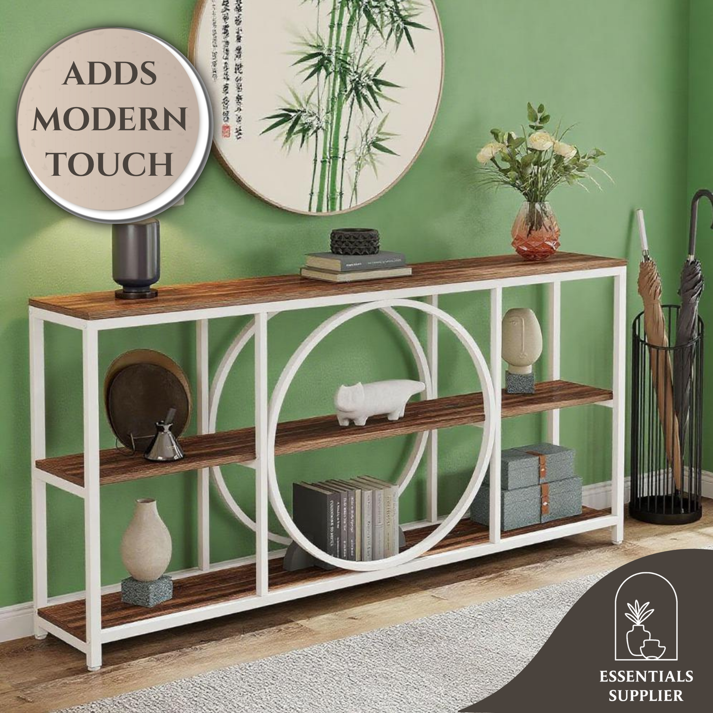70.9" White Walnut Console Table with 3-Tier Shelves – Modern Industrial Accent