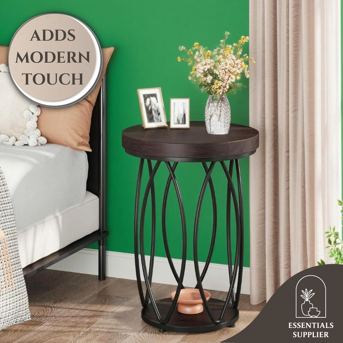 Rustic Round Coffee Table with Metal Frame & Storage Shelf – Industrial Side Table