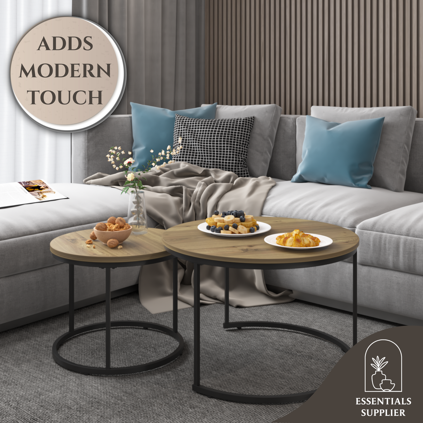 Round Nesting Coffee Table Set of 2 with Marble Top & Metal Frame – Modern Living Room