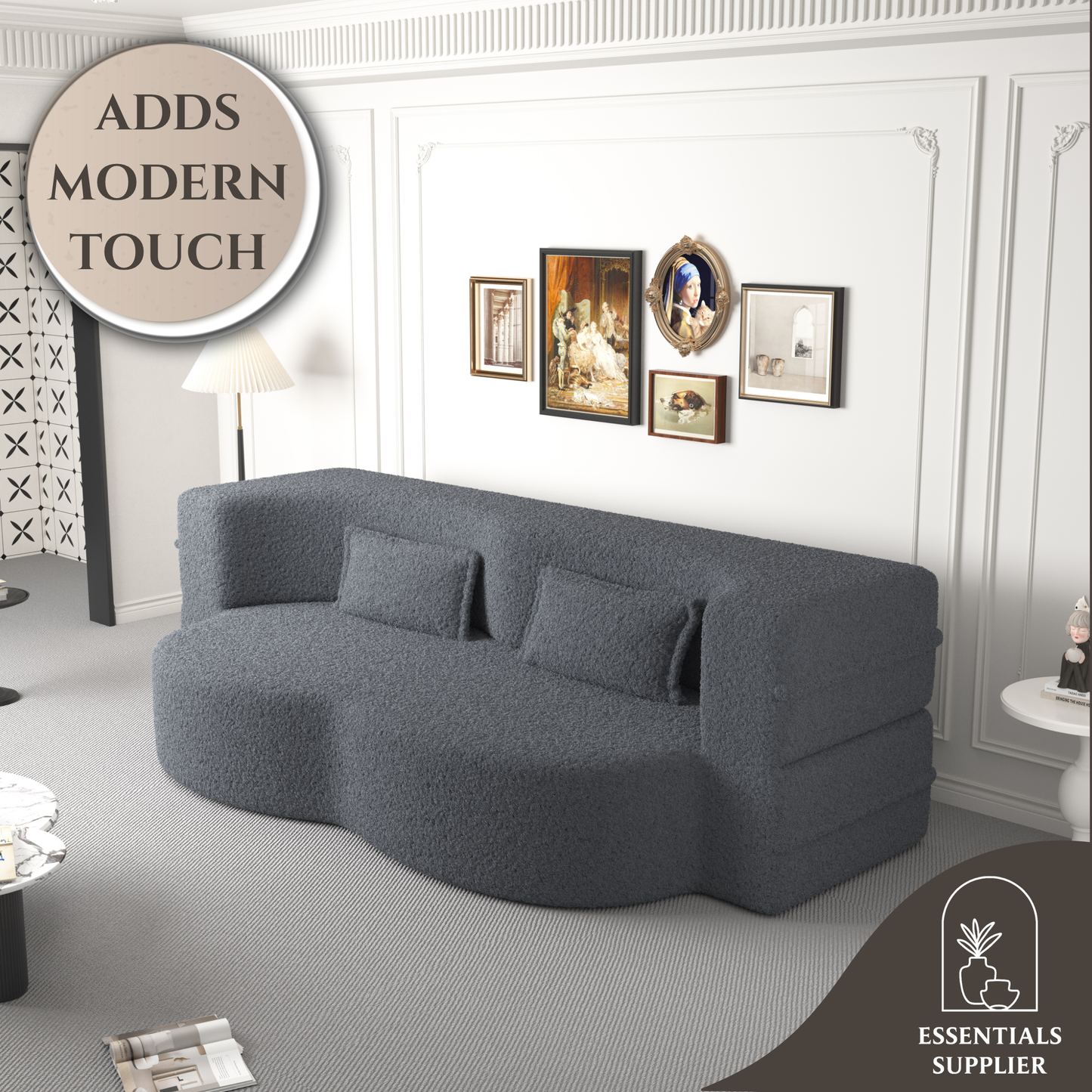 Modern Grey Teddy Fabric Floor Sofa Bed with 2 Pillows – Convertible & Space-Saving